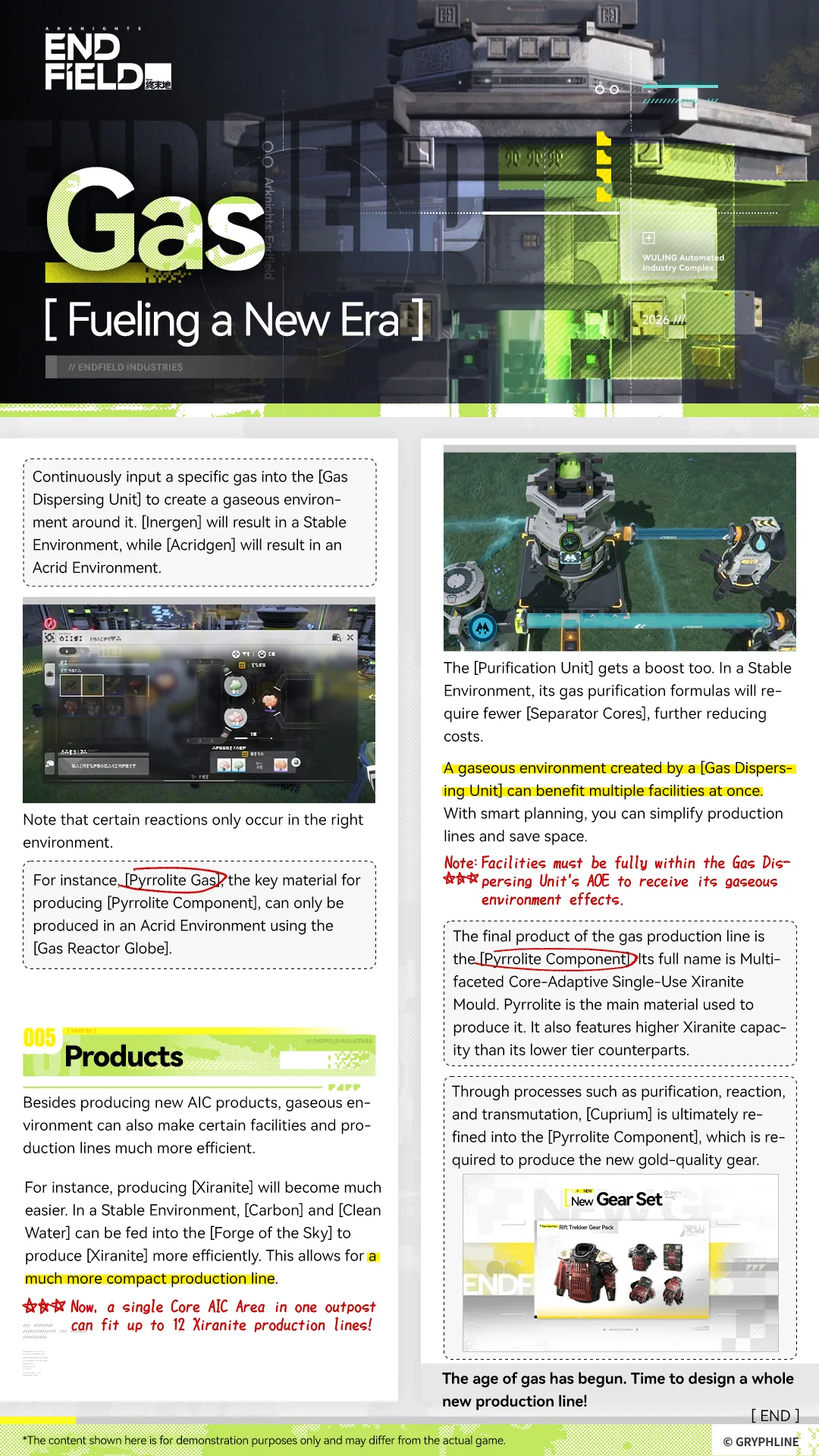Arknights Endfield gaseous environment and products preview showing the Gas Dispersing Unit, Pyrrolite Component, and the Rift Trekker gold gear set