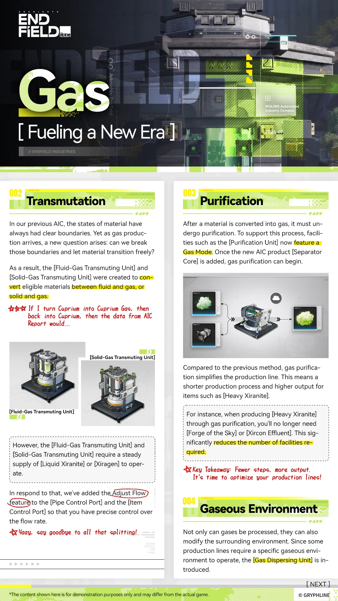 Arknights Endfield gas transmutation and purification preview showing the Fluid-Gas and Solid-Gas Transmuting Units and the Purification Unit's Gas Mode
