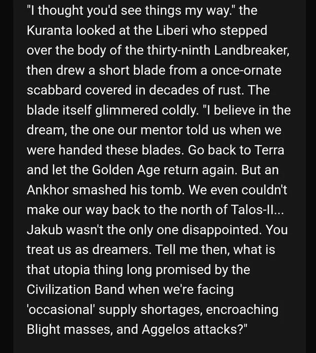 Golden Age archive panel where the Kuranta describes the dream of returning to Terra and questions the Civilization Band's promised utopia
