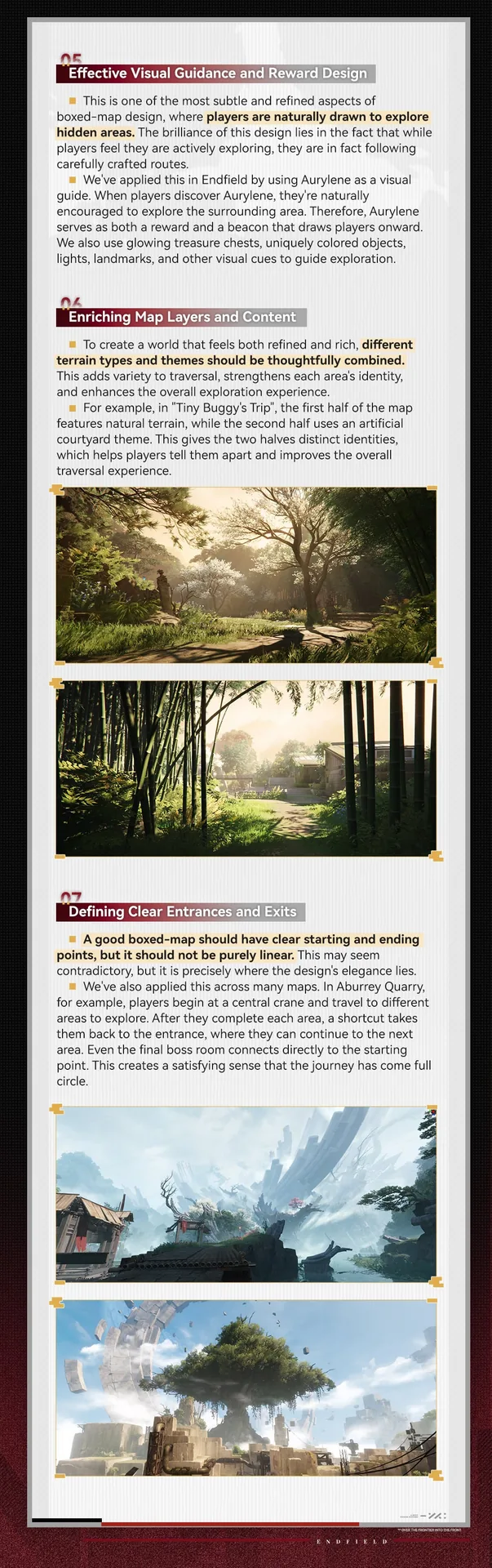 Environment screenshots showing forest and bamboo grove terrain layering used in Arknights Endfield’s boxed-map design