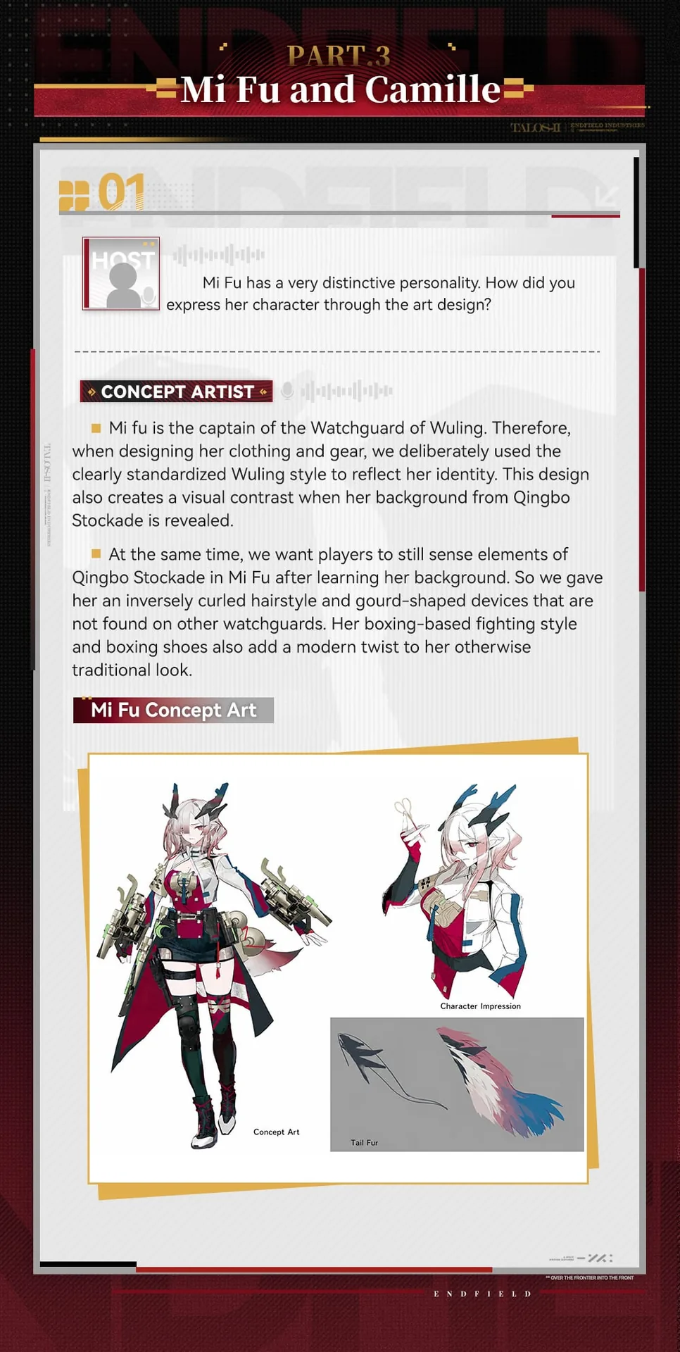 Mi Fu character concept art showing her Watchguard of Wuling uniform, boxing gauntlets, and tail fur design details