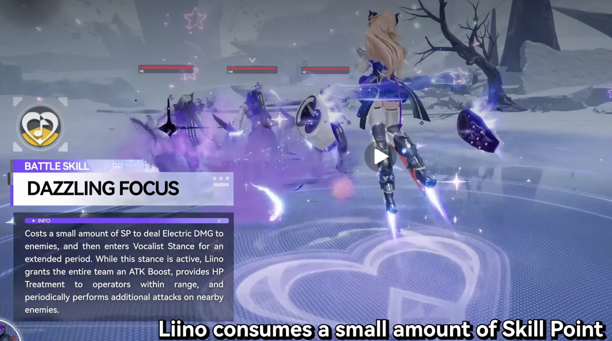 Liino Vocalist Stance battle skill with team ATK Boost and HP Treatment