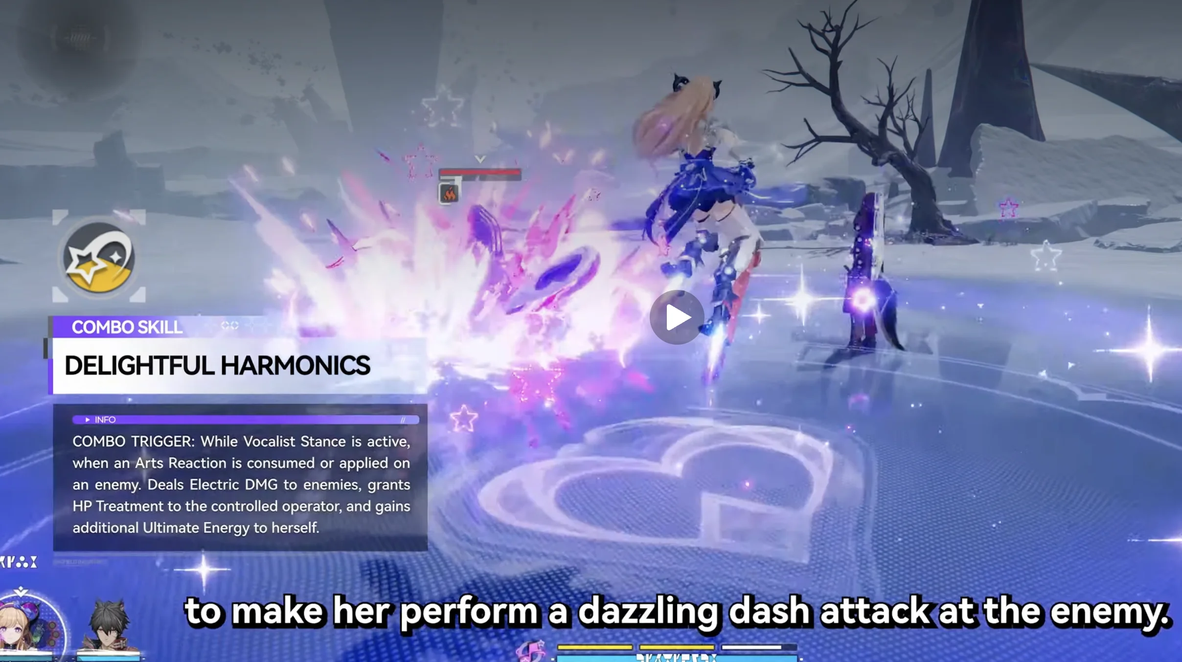 Liino Combo Skill – Delightful Harmonics: triggers on Arts Reaction, heals, deals Electric damage, restores Ultimate Energy