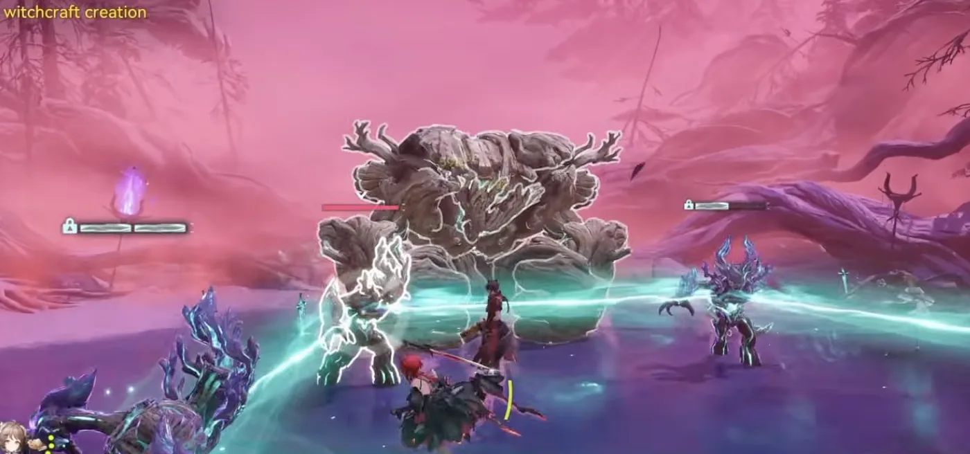Typhoeus's Battle Skill stripping the shield stacks on Snowy Forest witchcraft creations, lock icon and segmented bar above each enemy