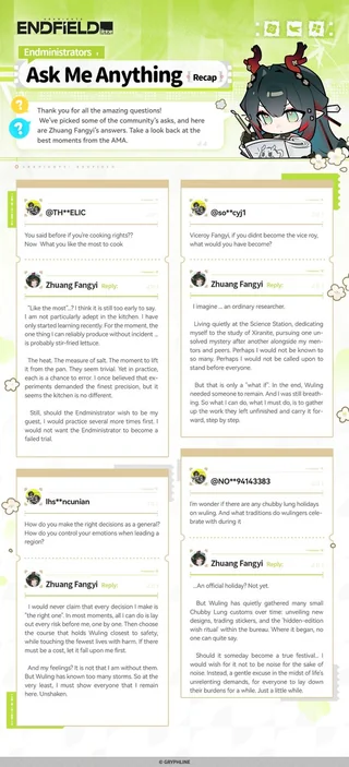 Zhuang Fangyi AMA recap on her cooking attempts, decision-making as a general, the “ordinary researcher” what-if, and Chubby Lung holidays in Wuling