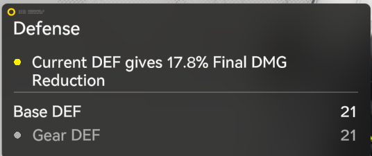 Defense panel showing 17.8% Final DMG Reduction from DEF 21