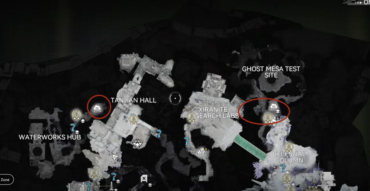 Three Xiragen spots in the North Wulling Exclusion Zone, two locked behind the Fissure quest