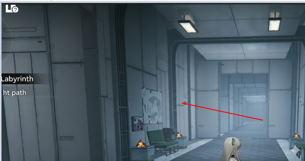 Industrial Labyrinth first chest room showing chest and door on the left