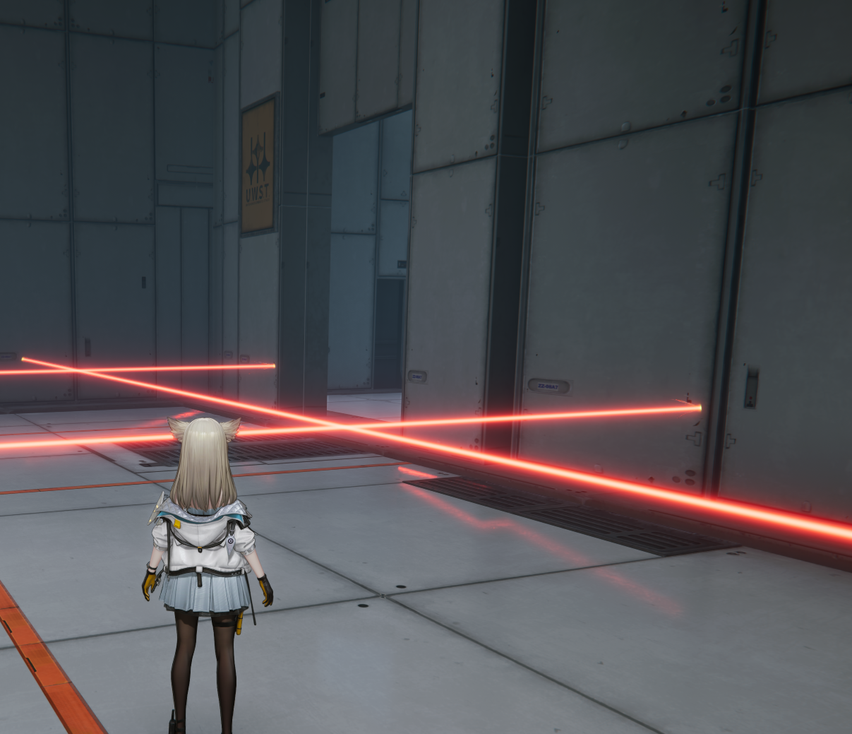 Industrial Labyrinth laser room with red beams and yellow portrait
