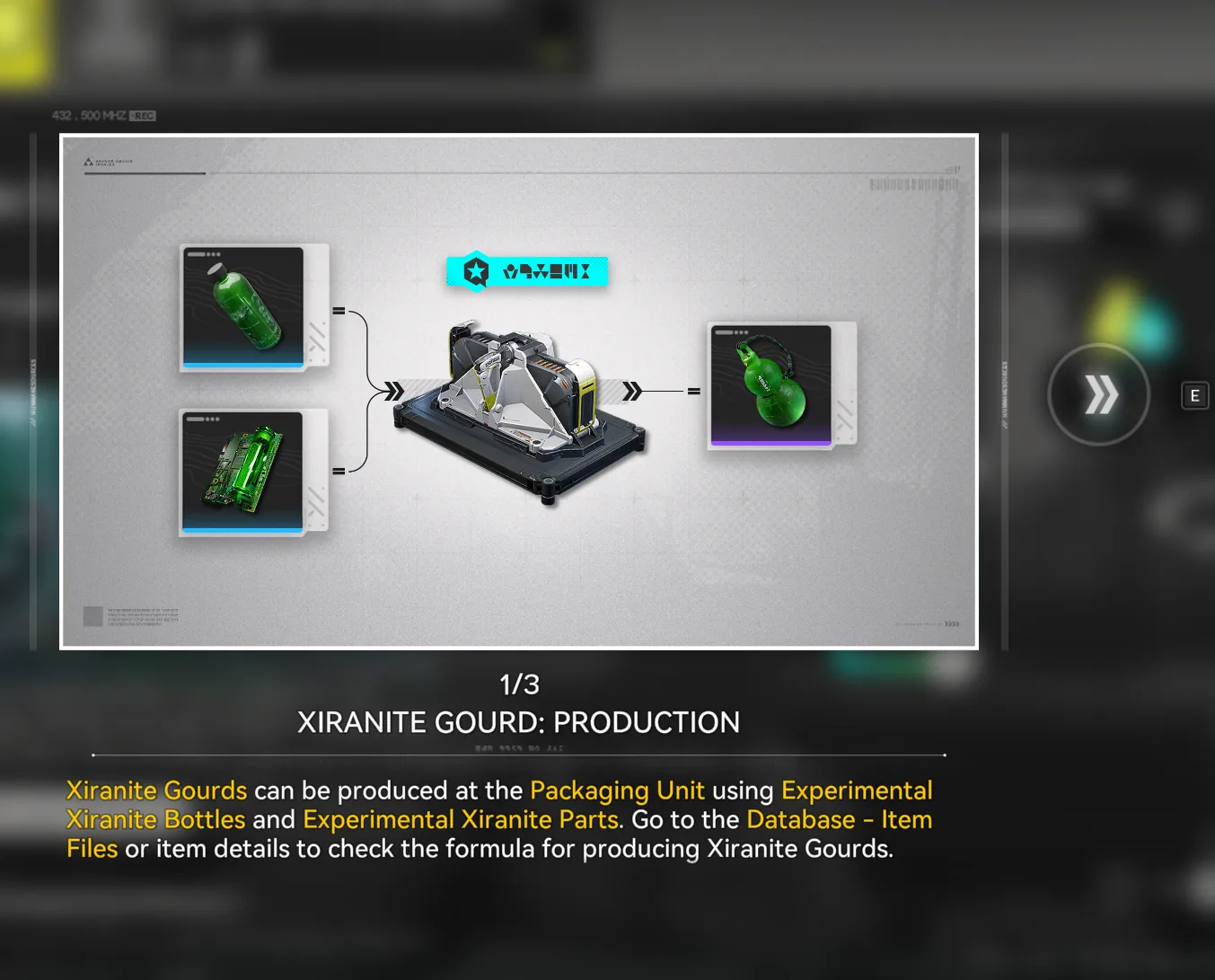 Xiranite Gourd production recipe - combine Experimental Xiranite Bottles and Parts at the Packaging Unit