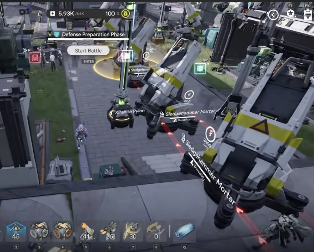 Xiranflow Cloudseeder Station Level 4 Auto-Defense, five Sledgehammer Mortars and one Marsh Gas Mk I holding the left approach
