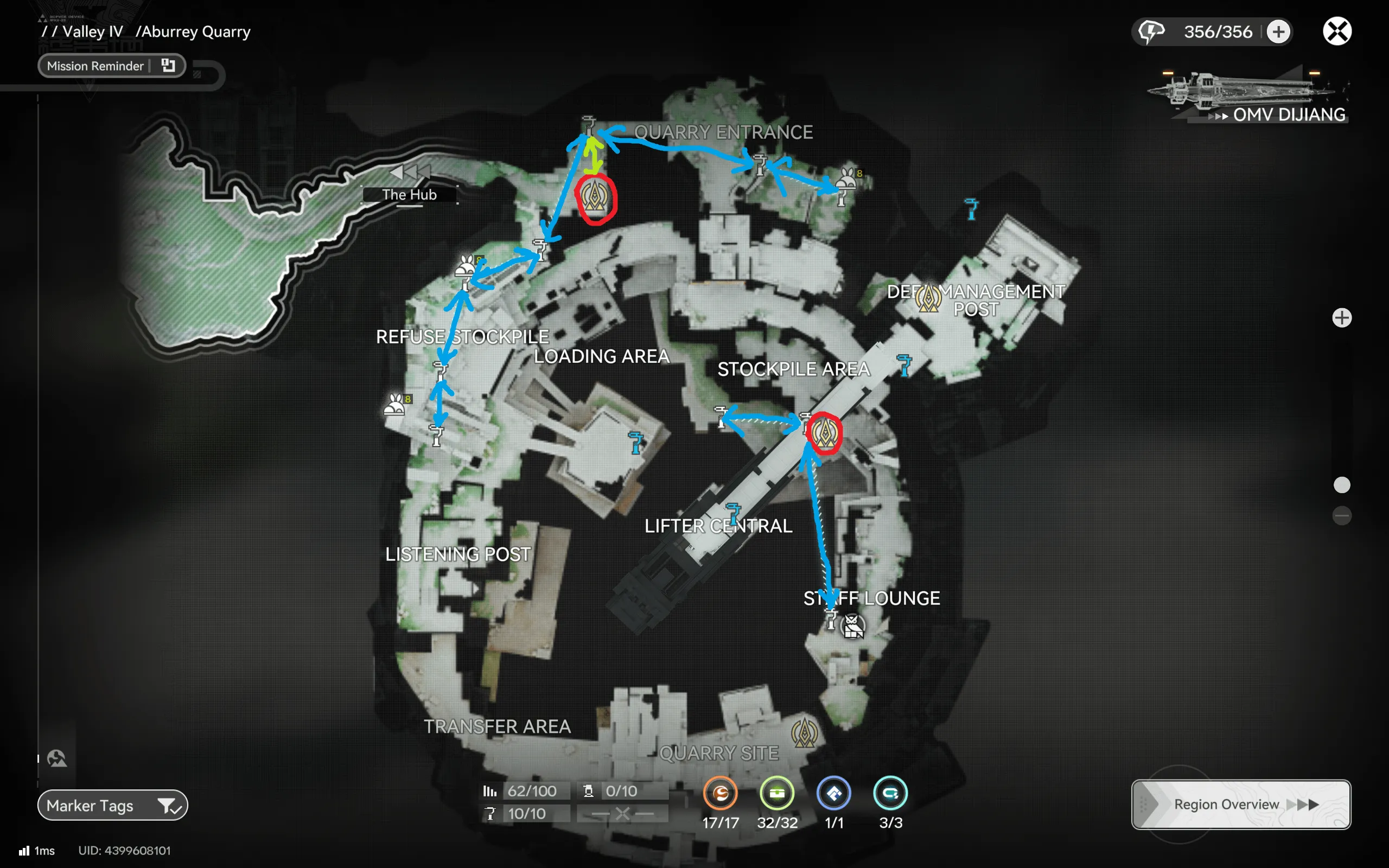 Aburrey Quarry farming route map for Arknights: Endfield starting at the Quarry Entrance and Stockpile Area, covering the Refinery, Loading Area, Lifter Central, and Staff Lounge