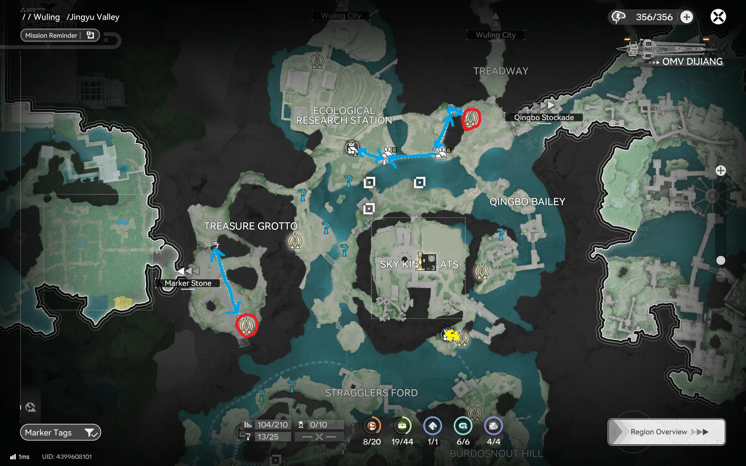 Jingyu Valley west farming route map for Arknights: Endfield with short routes at the Treasure Grotto and the Ecological Research Station