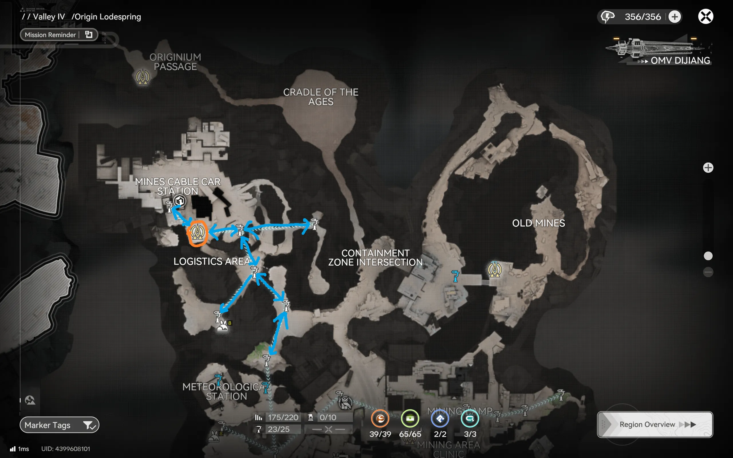 Origin Lodespring north farming route map for Arknights: Endfield starting from the Depot at the Logistics Area, branching to the Mines Cable Car Station and Containment Zone Intersection
