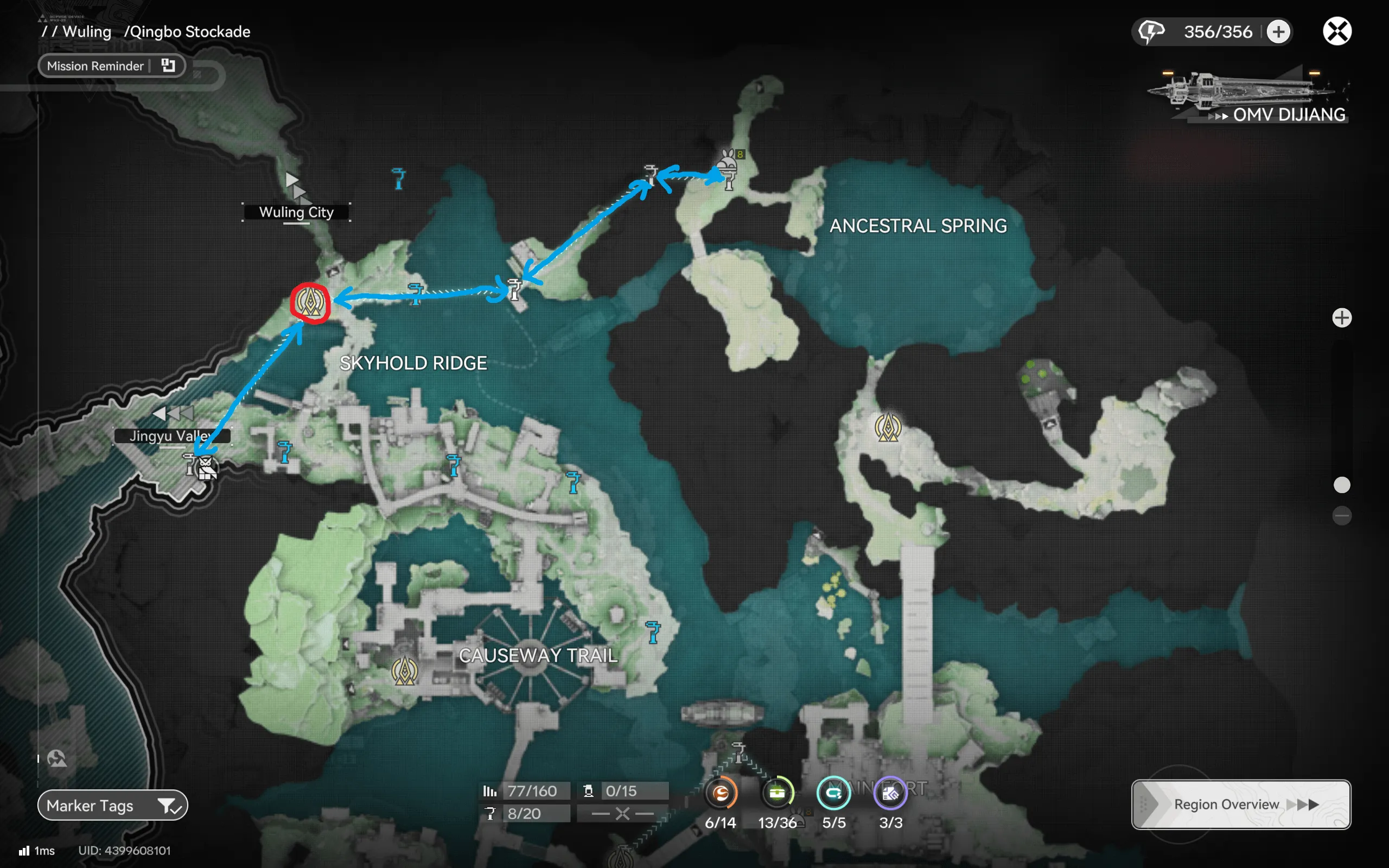 Qingbo Stockade ridge farming route map for Arknights: Endfield running from Skyhold Ridge east to the Ancestral Spring