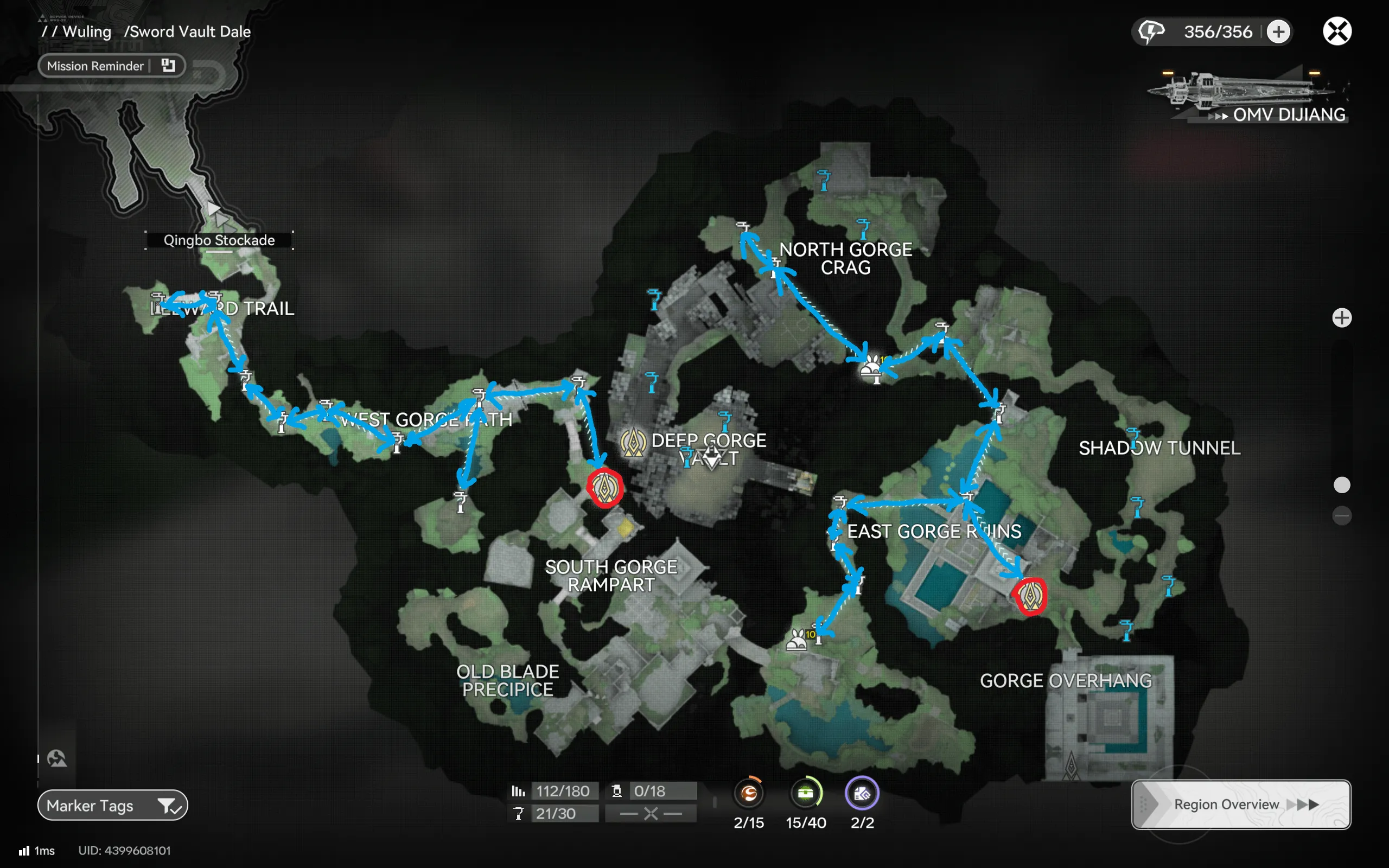 Sword Vault Dale farming route map for Arknights: Endfield running from the West Gorge Path through North Gorge Crag and the East Gorge Ruins to the Gorge Overhang