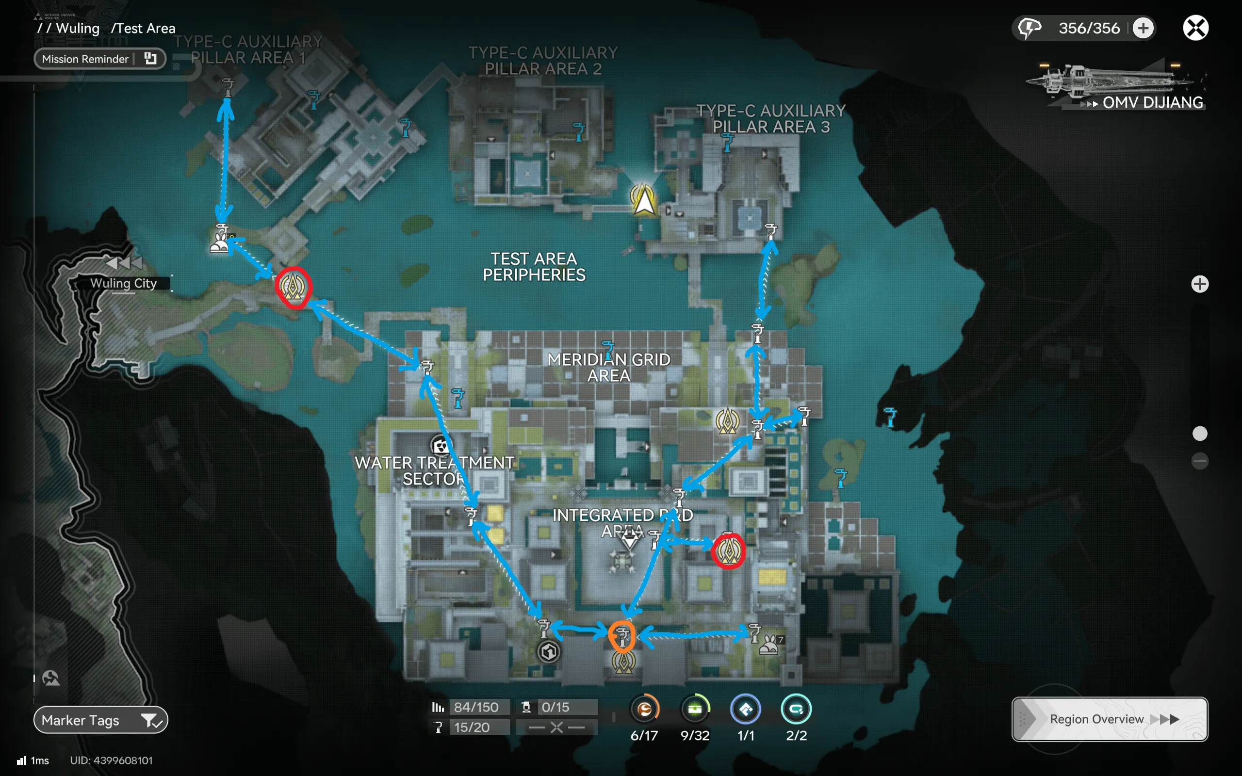Test Area farming route map for Arknights: Endfield covering the Type-C Auxiliary Pillar Areas, Meridian Grid Area, Water Treatment Sector, and Integrated Grid