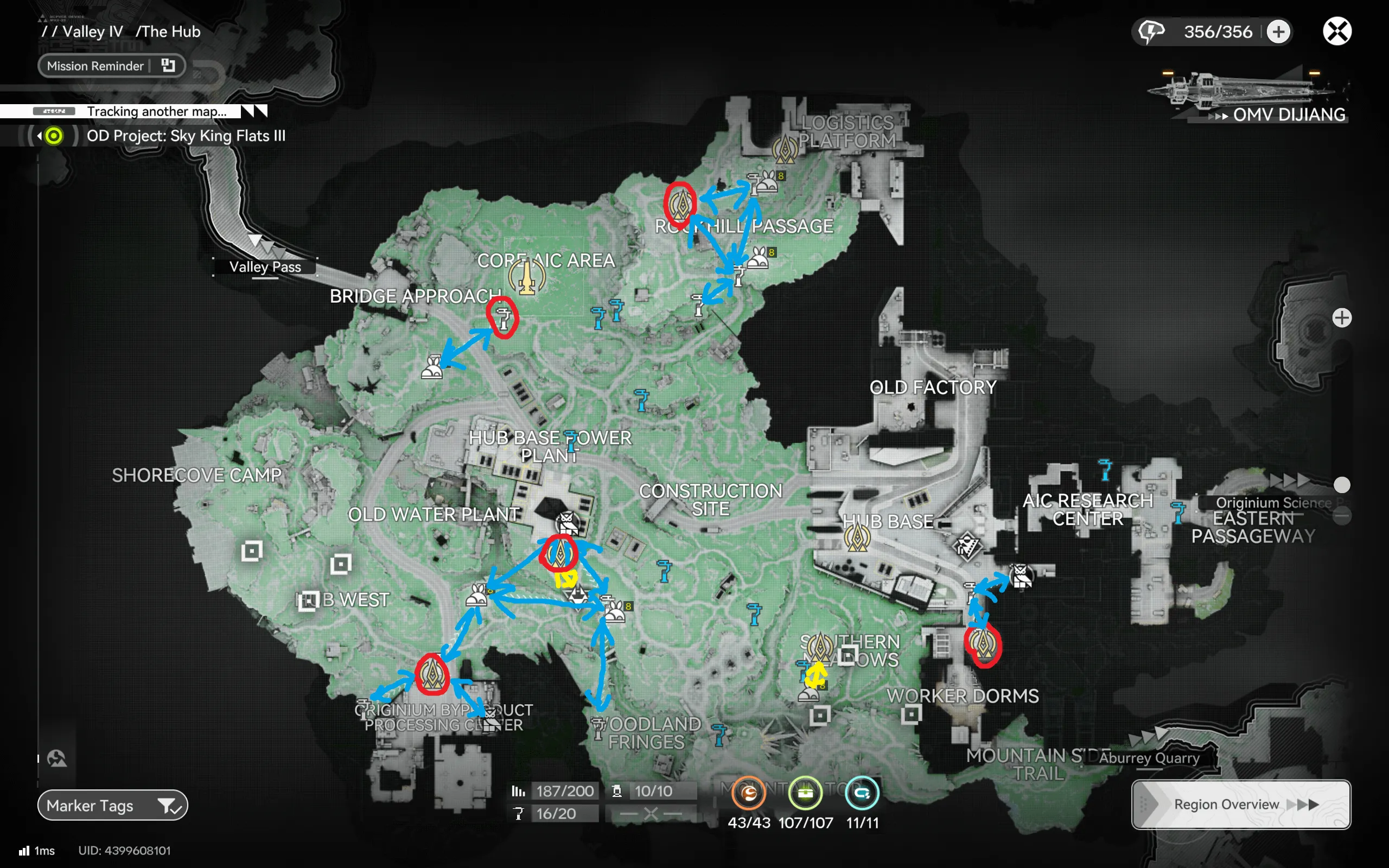 The Hub farming route map for Arknights: Endfield showing gathering and Energy Alluvium starting points with zipline paths through the Corsinic Area, Old Water Plant, and Worker Dorms