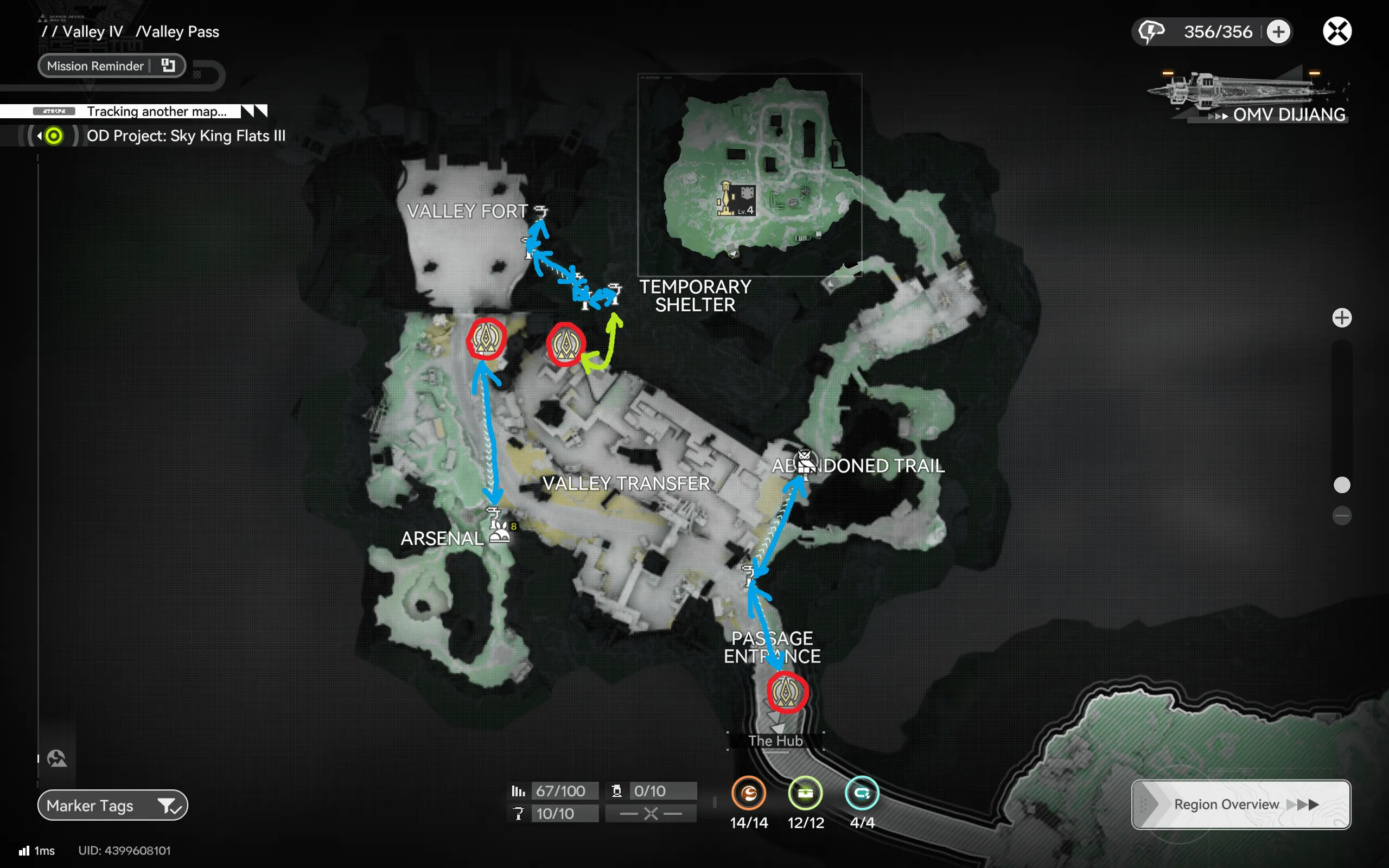 Valley Pass farming route map for Arknights: Endfield with starting points at Valley Fort and Valley Transfer and a zipline route south past the Arsenal to the Passage Entrance