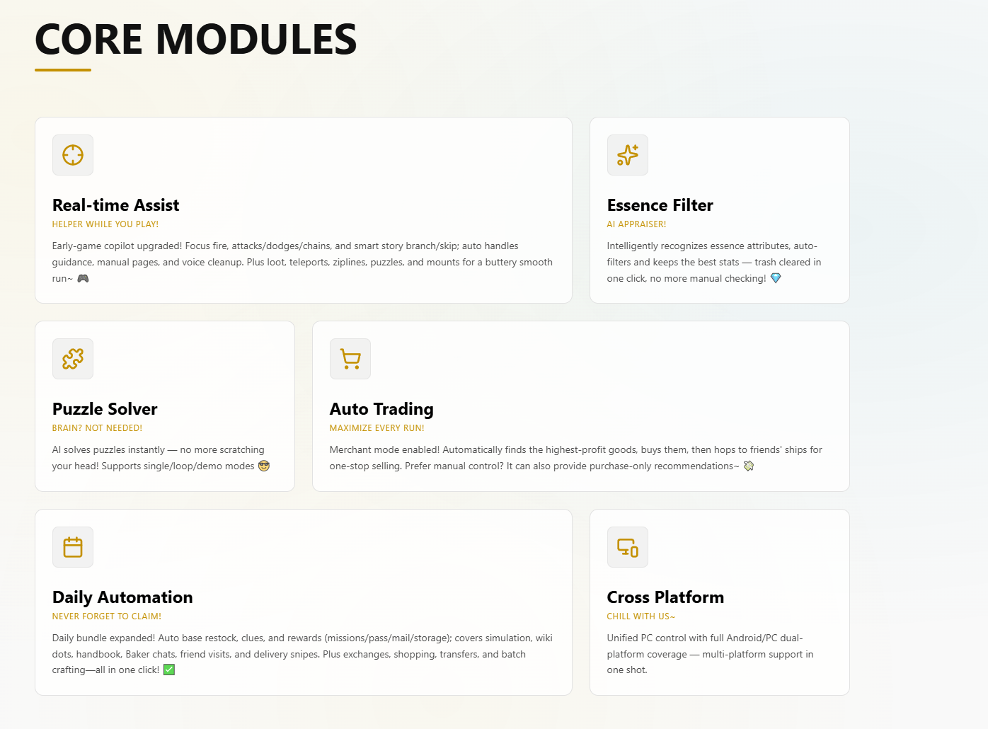 MaaEnd core modules overview showing Real-time Assist, Essence Filter, Puzzle Solver, Auto Trading, Daily Automation, and Cross Platform features