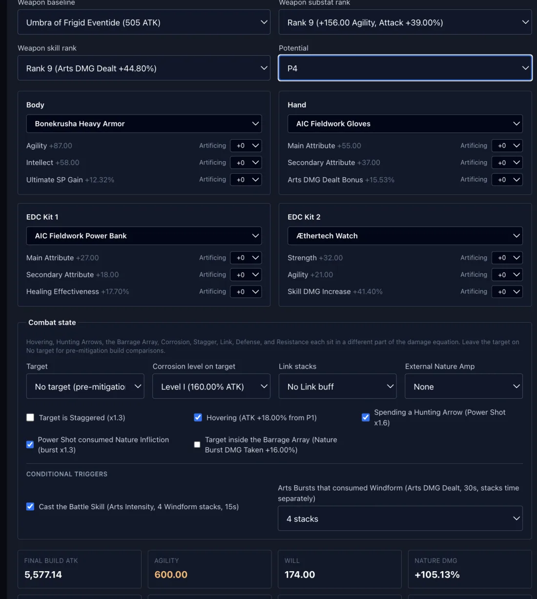 Typhoeus damage calculator build inputs: weapon rank, gear slots with artificing, Potential and combat state